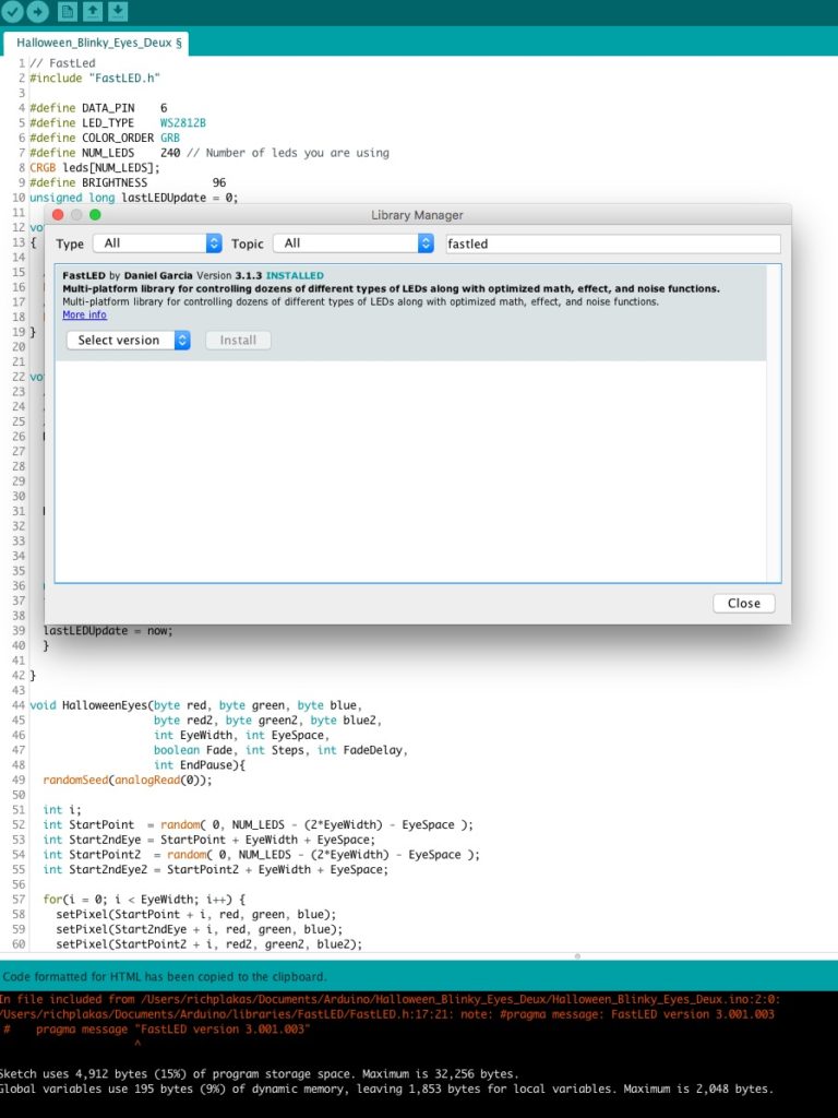 Screenshot of Add FastLED Library to Arduino IDE