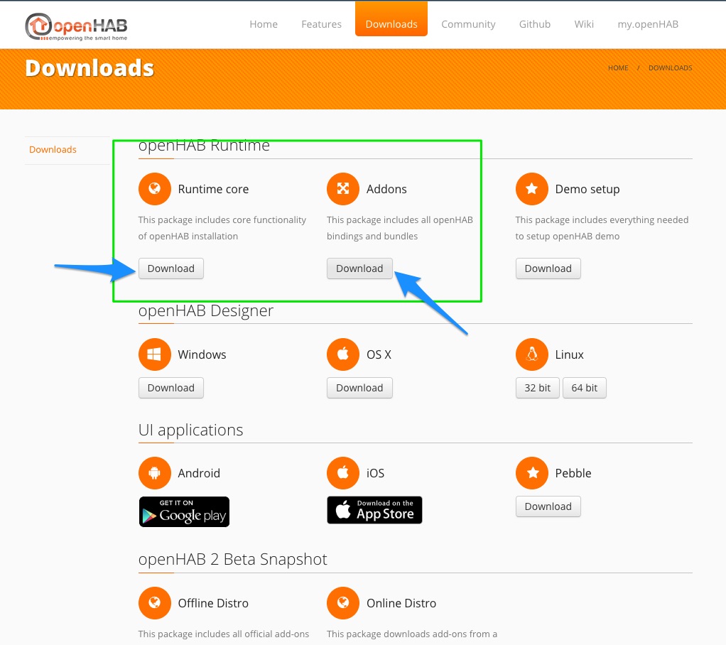 Screenshot of openHAB Downloads