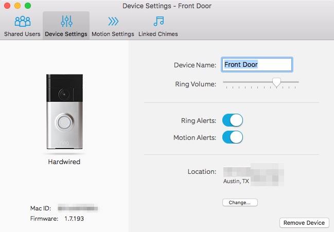 Screenshot of Device Settings Ring Wi-Fi Video Doorbell Mac App