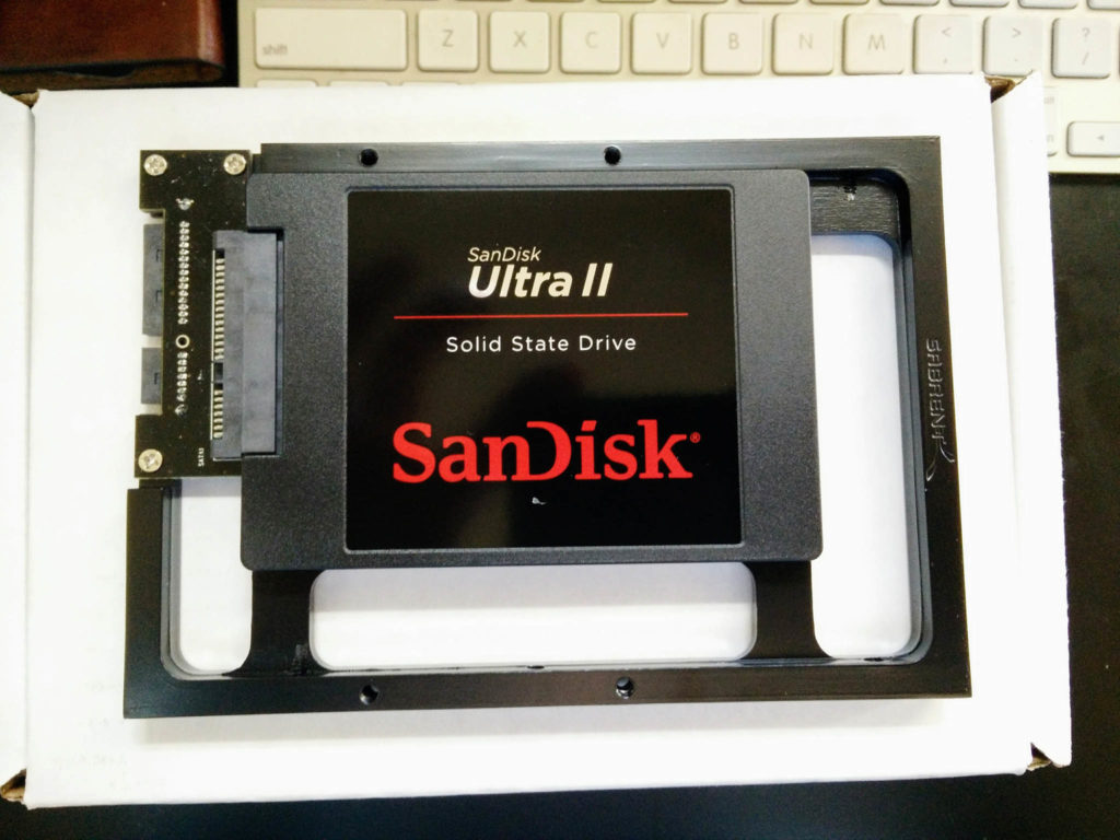 Picture of New Sandisk SSD Mounted in Sabrent 2.5 to 3.5 Adapter-iMac 27 2013 Fusion Hard Drive Replacement with SSD