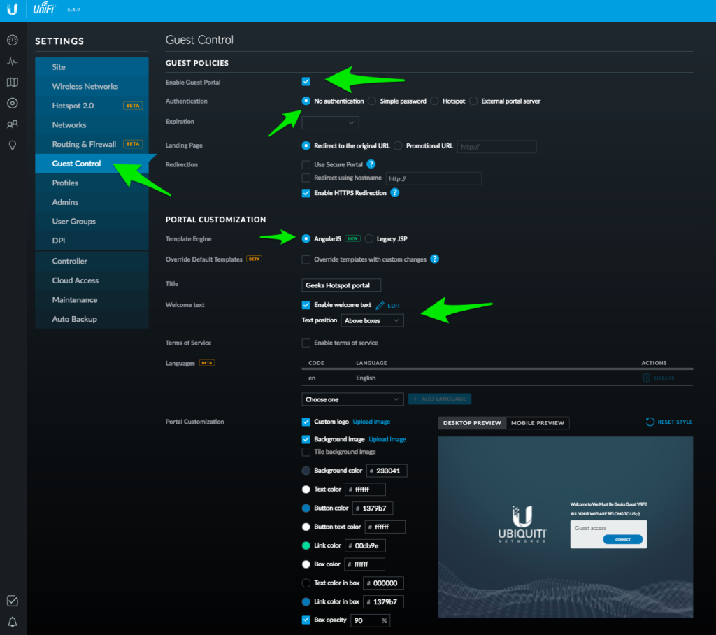 Screenshot Unifi Guest Wireless Network Guest Portal