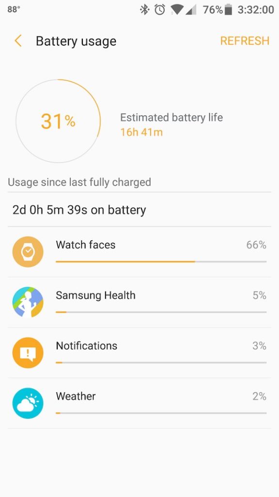 Screenshot showing Samsung Gear S3 Android App Showing Battery Life