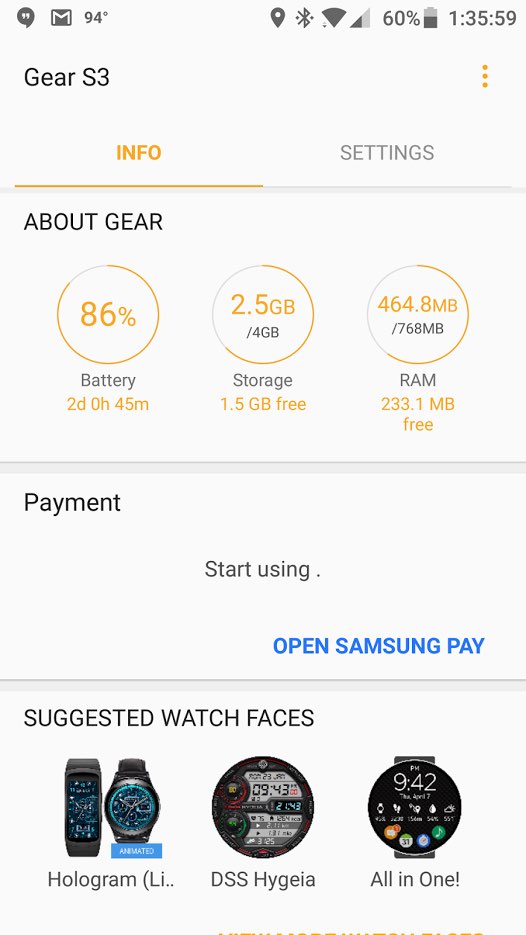 Screenshot of Samsung Gear S3 Smartwatch Battery Life from App