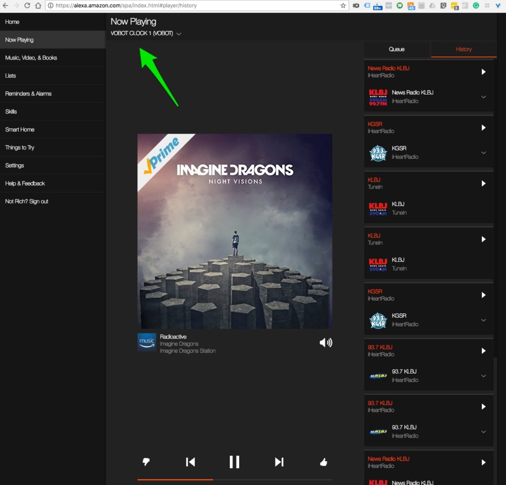 Screenshot of Amazon Alexa Web App Controlling Vobot Music