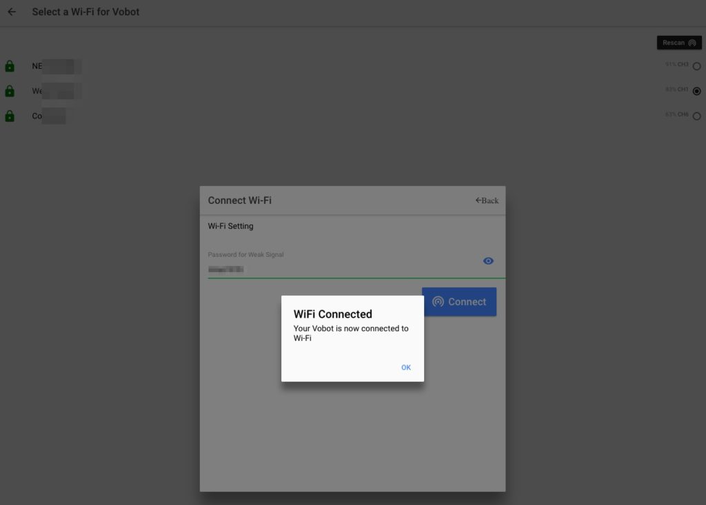 Screenshot of Setup Select a Wi-Fi for Vobot