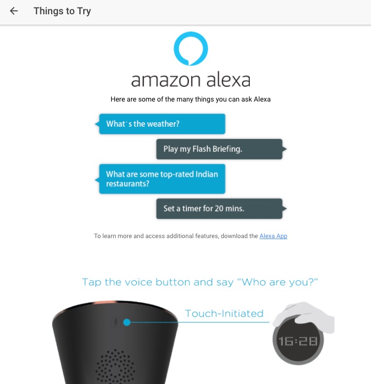 Screenshot of Vobot After Setup Complete Alexa Things to Try