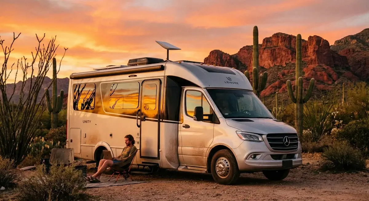 A modern RV parked at a scenic desert campsite with mountains in the background, showing the concept of mobile internet connectivity