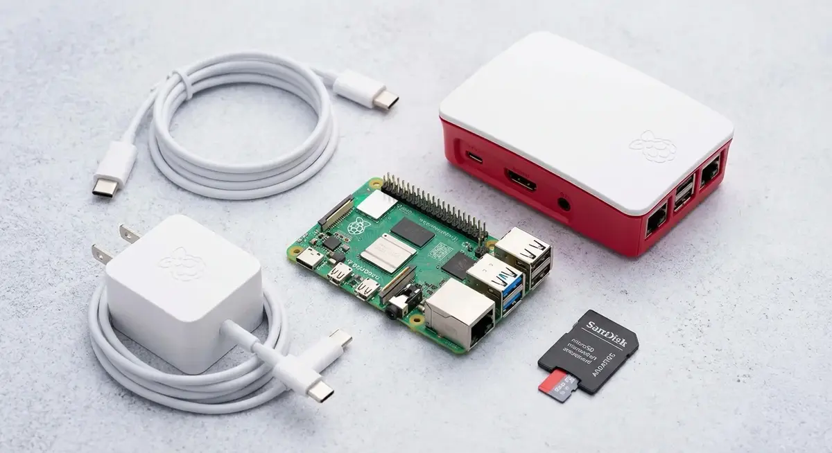 Raspberry Pi 5 board with accessories for budget starter kit setup