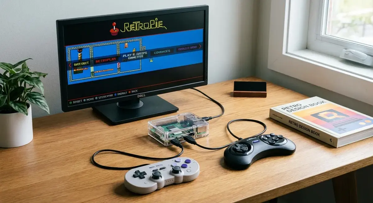 A Raspberry Pi 5 running a retro gaming interface with classic game controllers