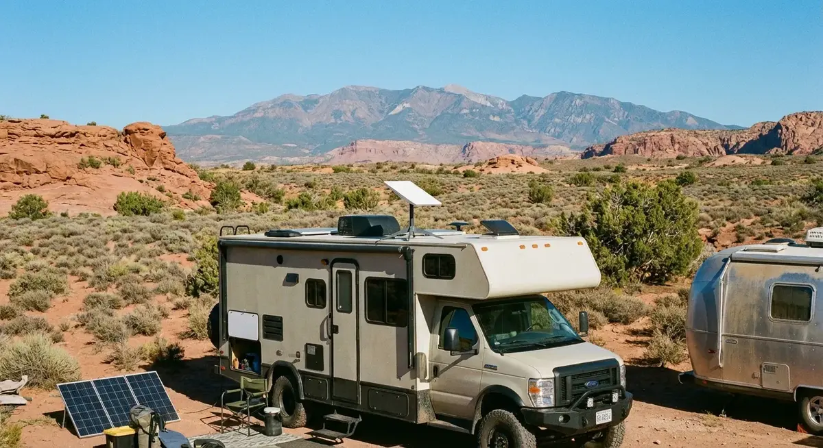 A Starlink satellite dish mounted on an RV roof in a desert campsite, with clear blue sky and mountains in the background