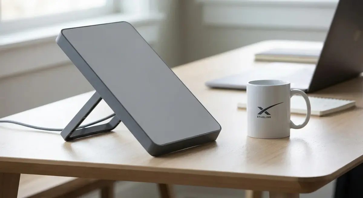 The compact Starlink Mini dish next to a coffee mug for scale, showing its portable size