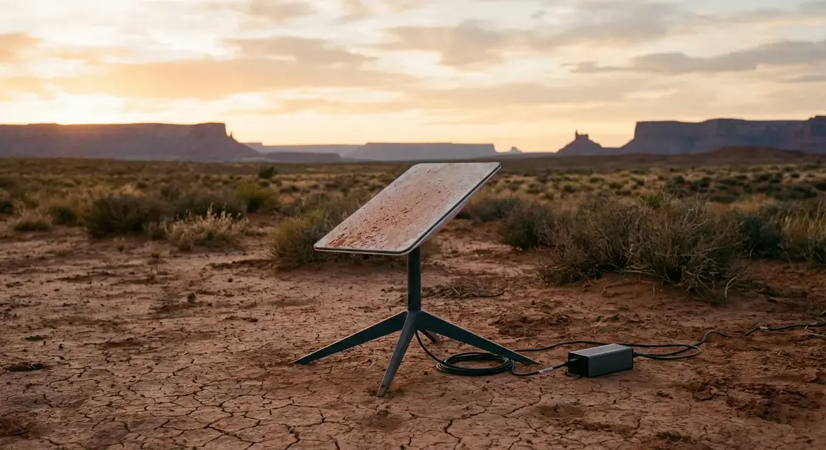 The standard Starlink rectangular dish on a tripod mount in a desert setting