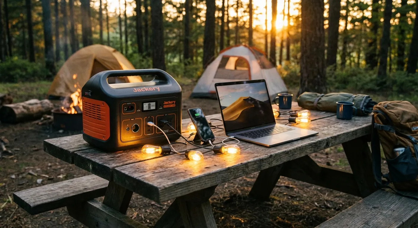 A Jackery power station on a picnic table with a laptop, phone, and string lights plugged in at a campsite at dusk