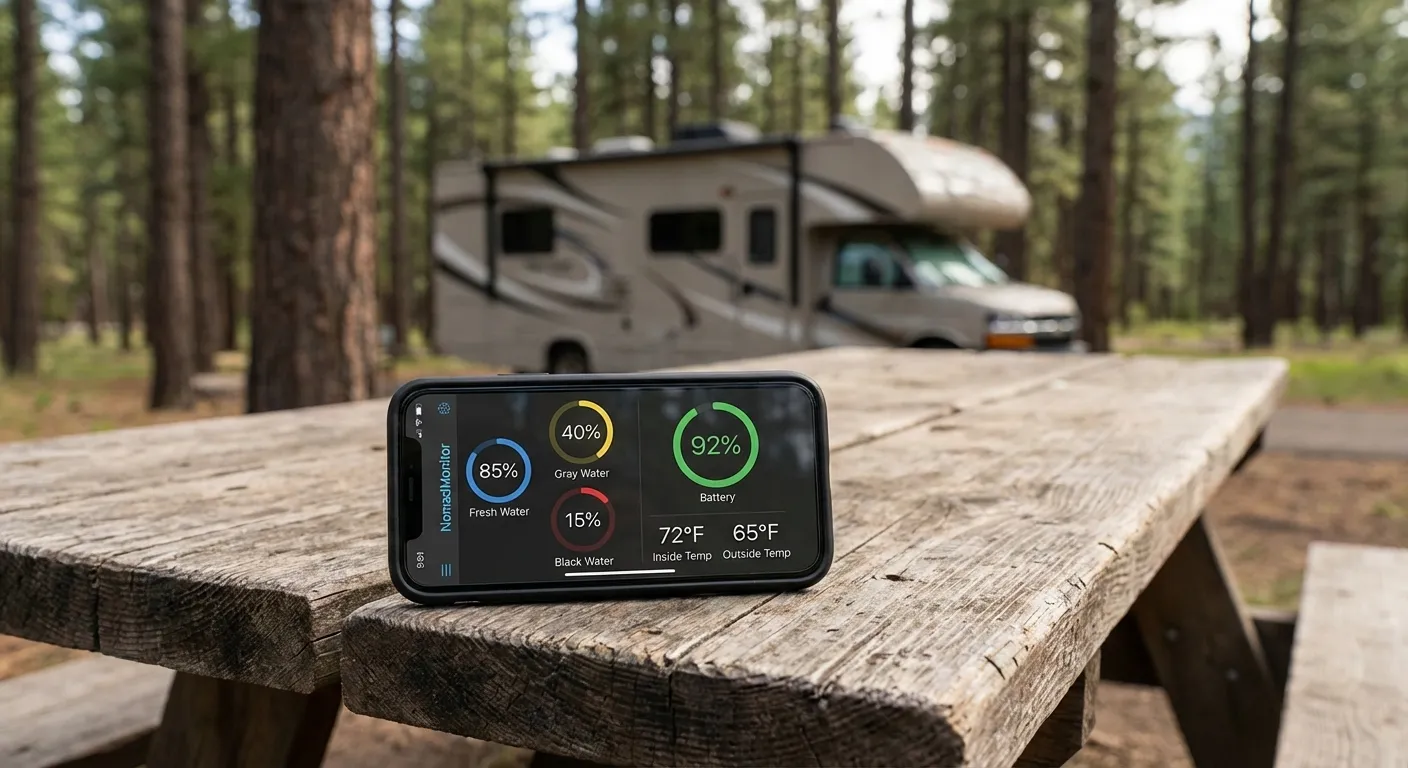 A smartphone displaying RV monitoring data with temperature, tank levels, and battery status on a campsite table