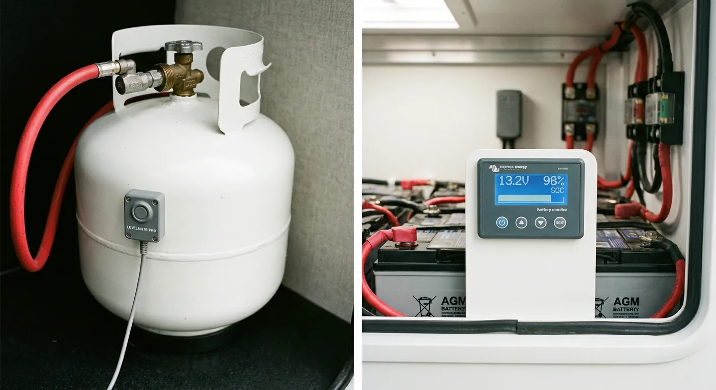 Close-up of smart sensors mounted on RV propane tanks and battery bank with LED status indicators