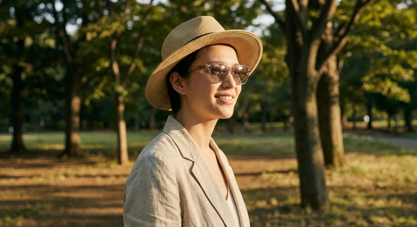Person wearing lightweight Rokid smart glasses outdoors with a subtle AI assistant interface visualization