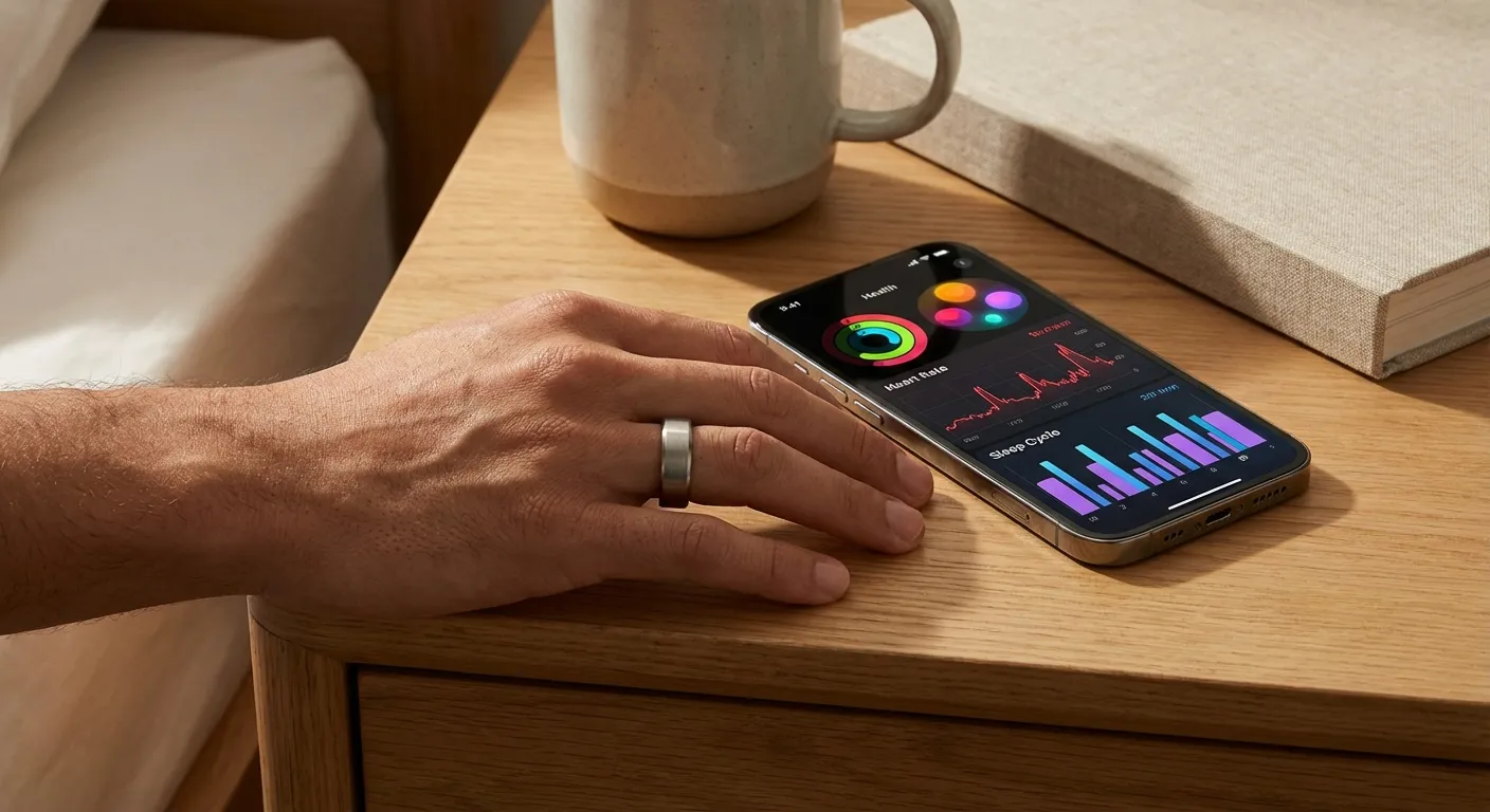 Smart ring on a hand next to a smartphone showing health tracking data and sleep analysis