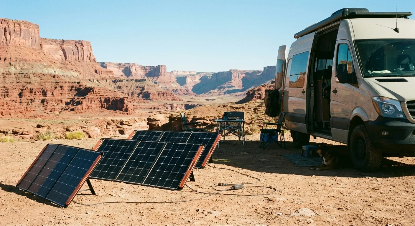 Solar panels set up in the sun next to a parked RV in a desert boondocking location