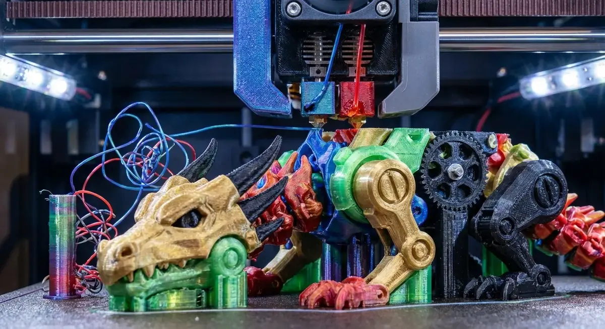 Close-up of a multi-color 3D print being produced with the AMS system swapping filament colors
