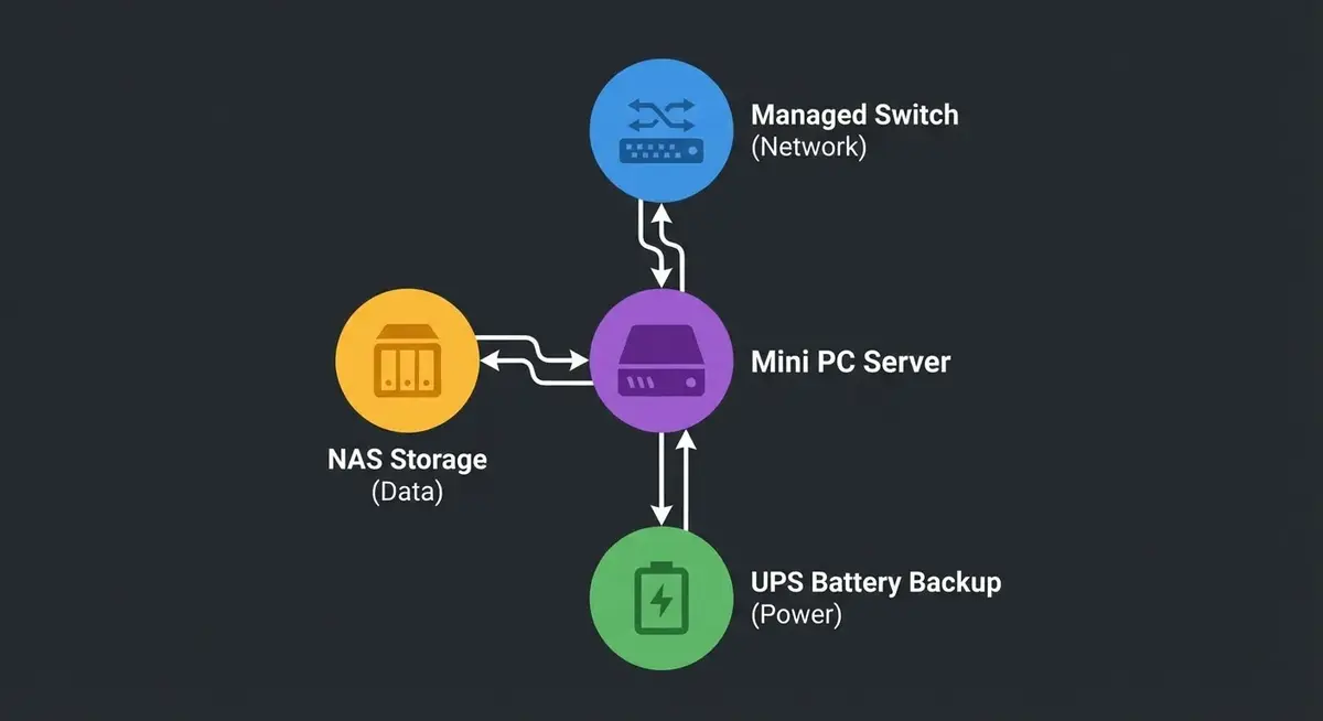 Home lab network diagram showing Proxmox mini PC connected to managed switch, NAS, and UPS