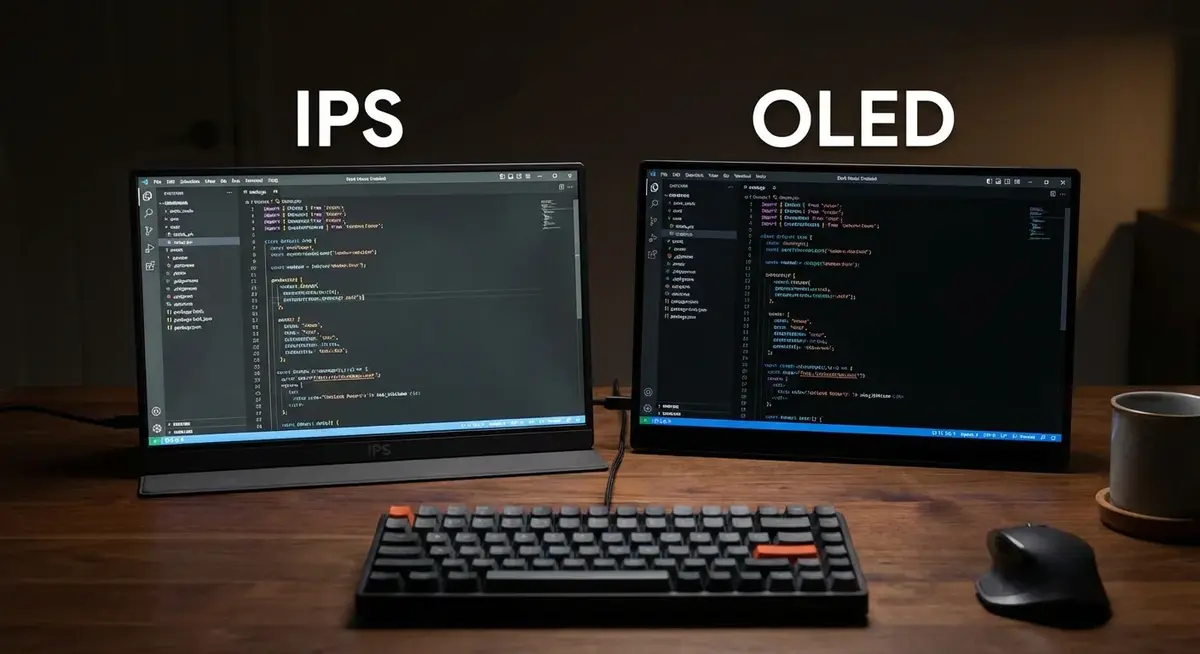 Side-by-side comparison of IPS and OLED portable monitors showing contrast differences in black levels