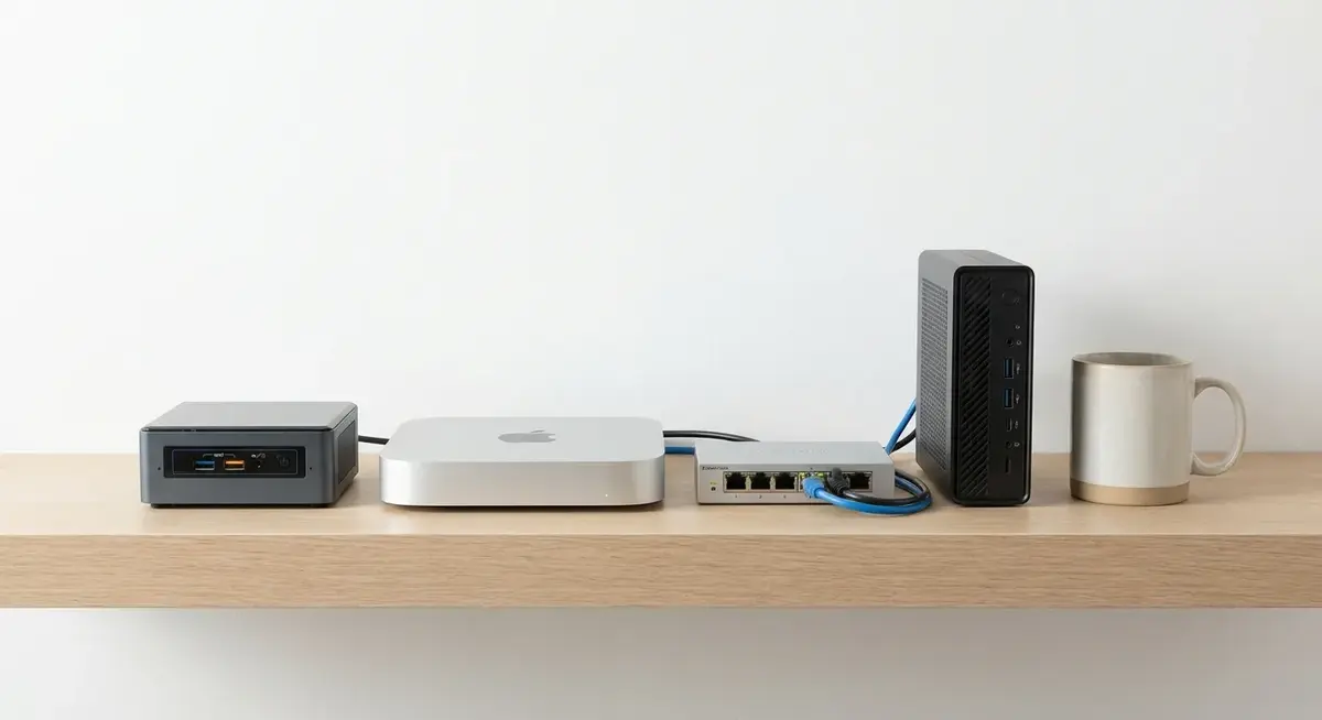 Three mini PCs lined up on a shelf with a small network switch