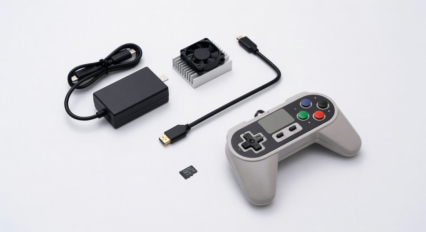 Raspberry Pi 5 essential accessories including power supply, heatsink, and controller