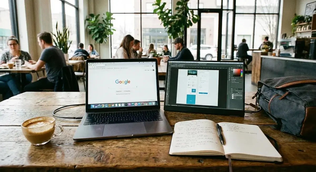 Remote work setup at a coffee shop with a laptop connected to a portable monitor via USB-C