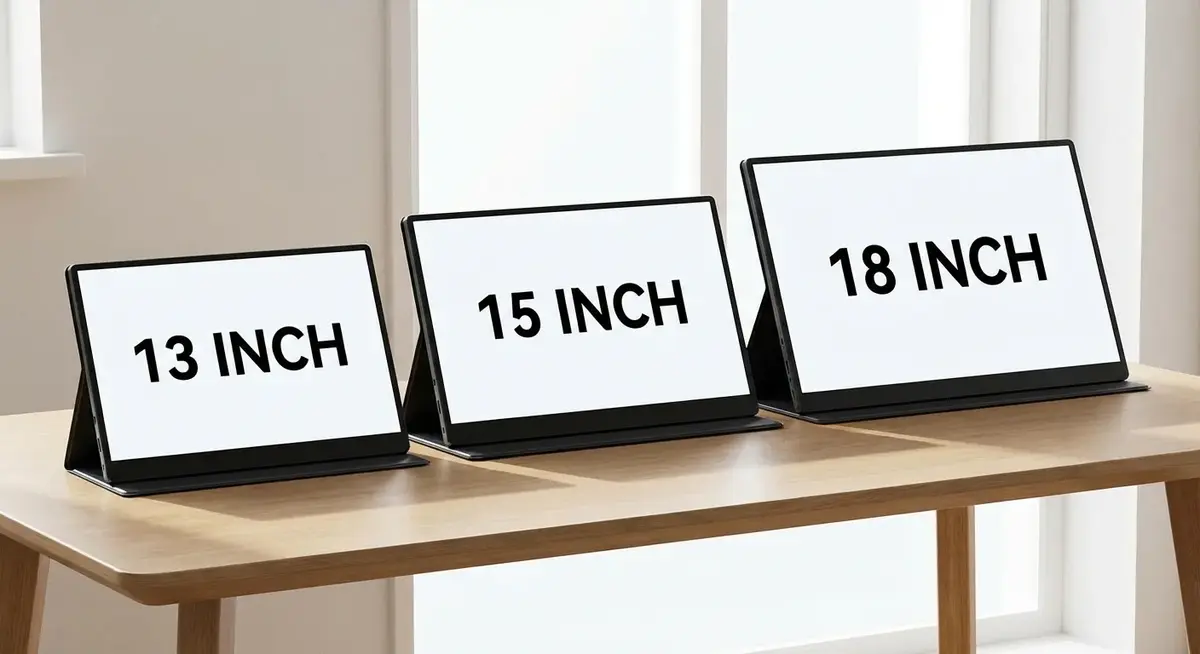 Portable monitor size comparison showing 13.3 inch, 15.6 inch, and 18.5 inch monitors side by side