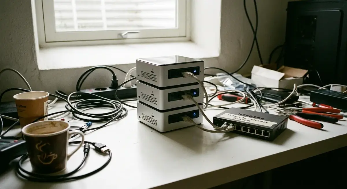 A stack of three Dell OptiPlex Micro PCs connected to a network switch forming a Proxmox cluster
