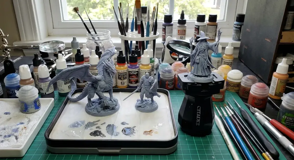 Detailed fantasy miniatures from a resin printer arranged on a painting station with brushes and paints