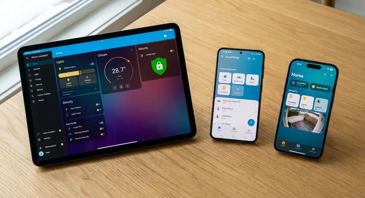 Comparison of Home Assistant dashboard on tablet, SmartThings app on phone, and Apple Home on iPhone