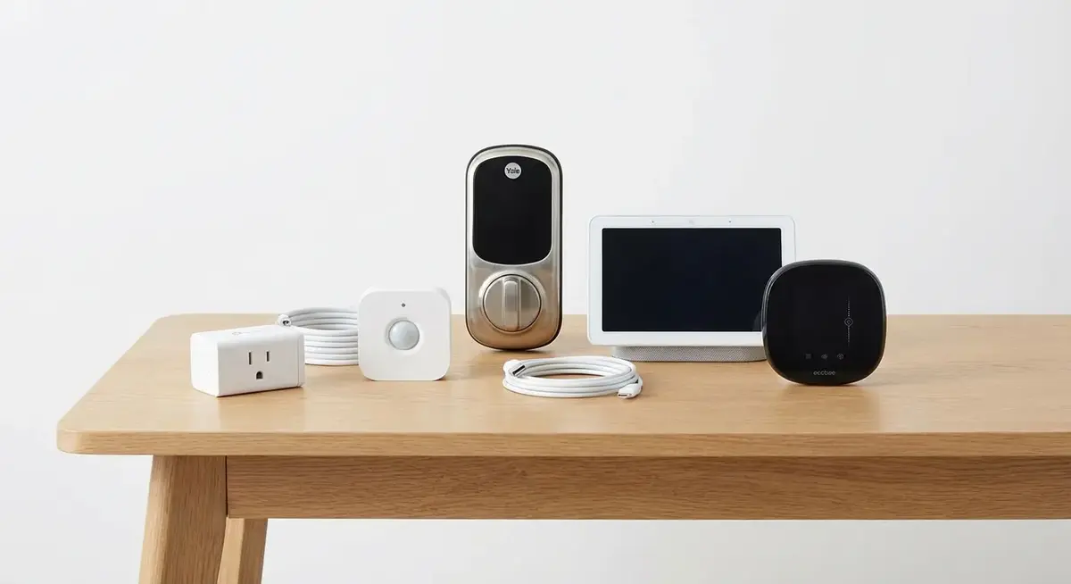 Smart home devices including a Thread smart plug, Zigbee motion sensor, and Matter smart lock on a table