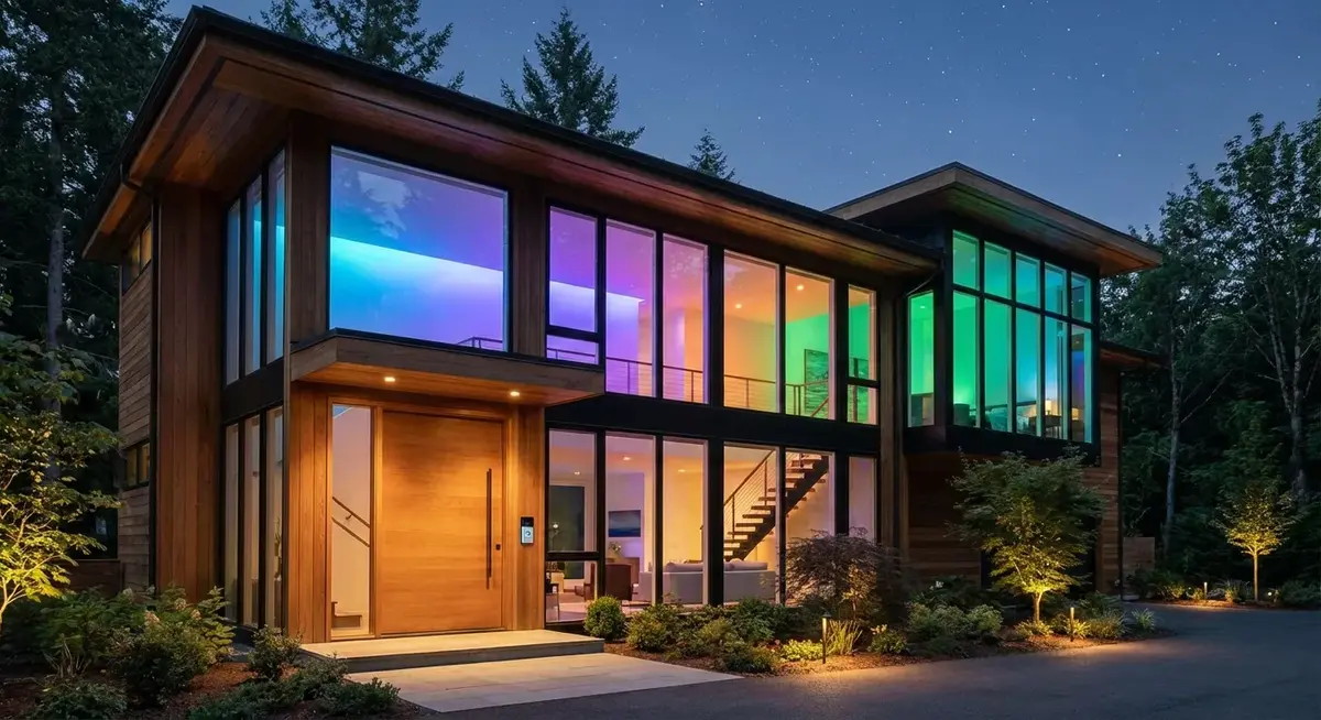 Nighttime exterior of a house with smart lights in windows and a smart doorbell camera at the front door