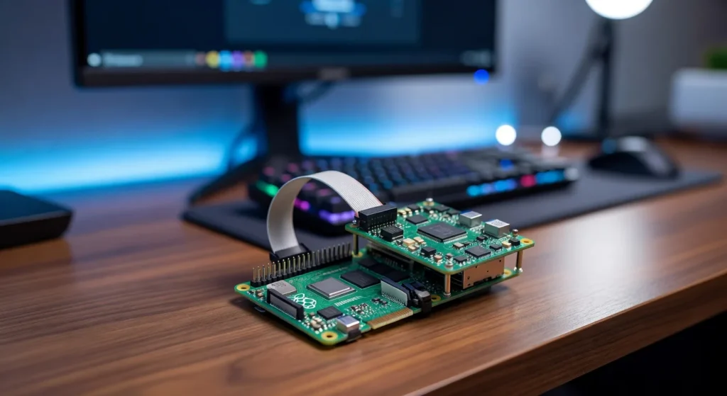A Raspberry Pi 5 with the Hailo AI HAT+ stacked on top in a clean tech workspace