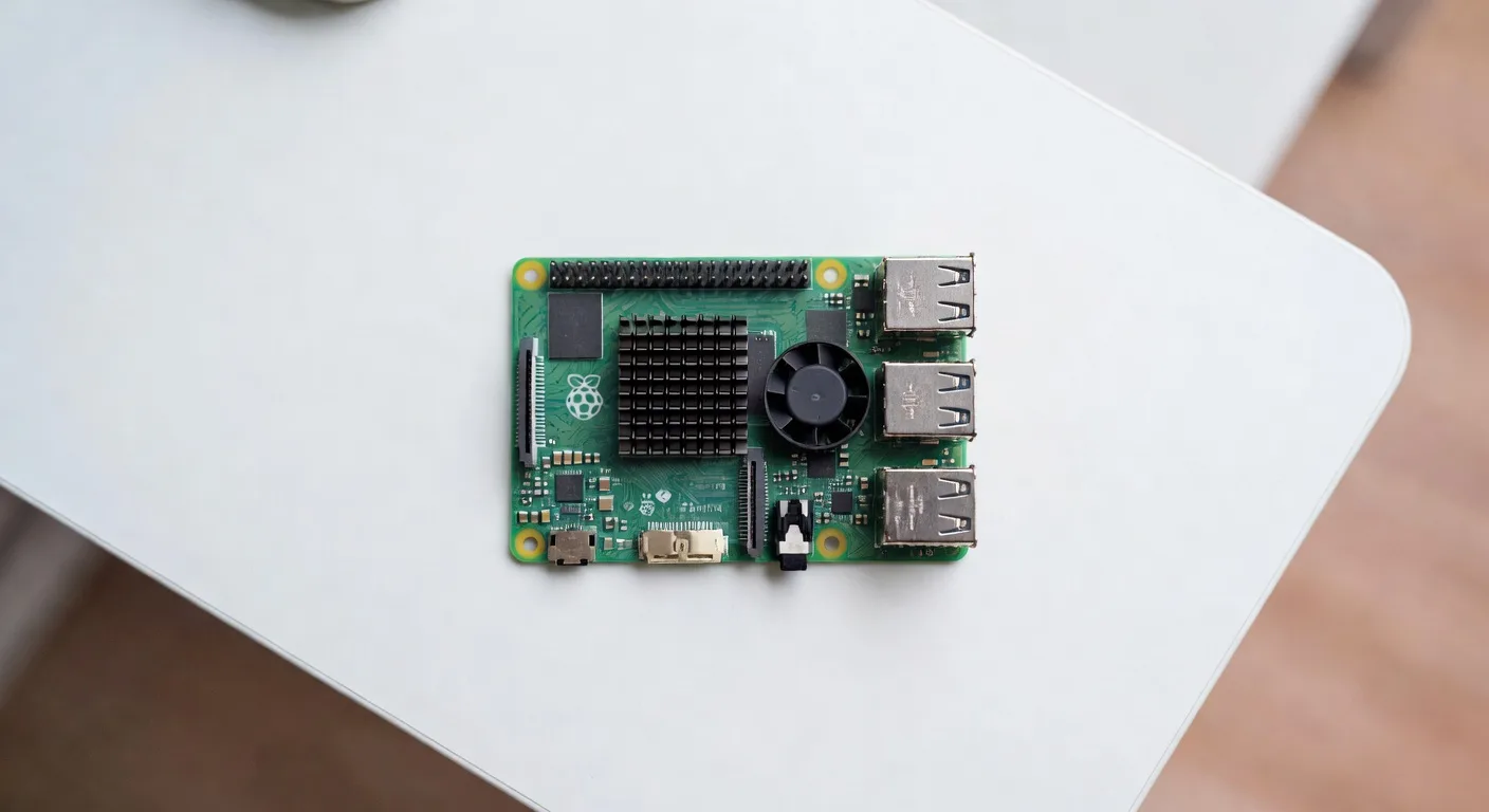 Raspberry Pi 5 with official active cooler heatsink and blower fan installed