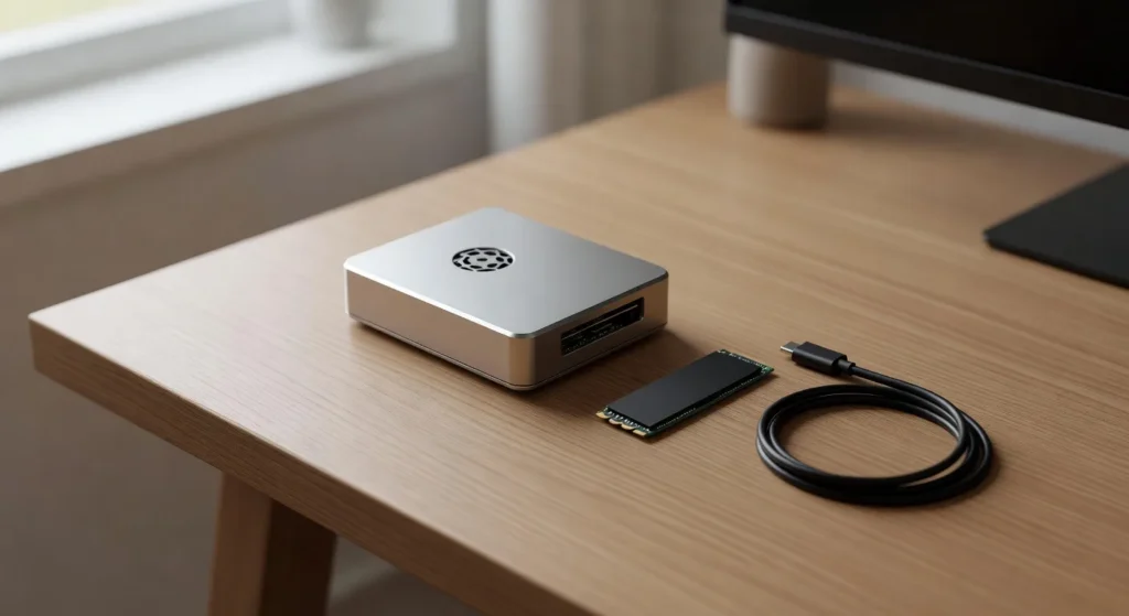 Raspberry Pi 5 case with NVMe SSD and USB-C cable on a wooden desk