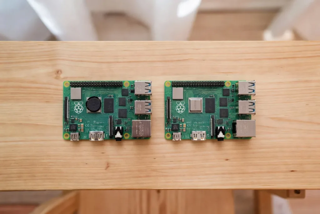 Raspberry Pi 5 and Raspberry Pi 4 boards side by side on a clean wooden desk