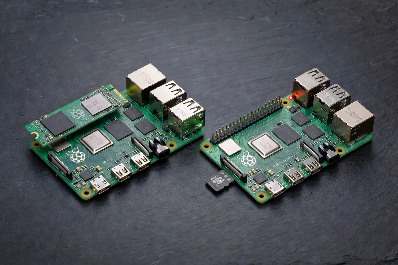 A Raspberry Pi 5 with an NVMe HAT and SSD installed, next to a Raspberry Pi 4 in a standard case, both powered on with status LEDs visible
