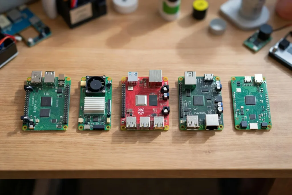 A clean desk lineup of single-board computers including an Orange Pi, NVIDIA Jetson, Radxa Rock, Libre Computer board, and a ZimaBoard, with a Raspberry Pi 5 in the middle for scale
