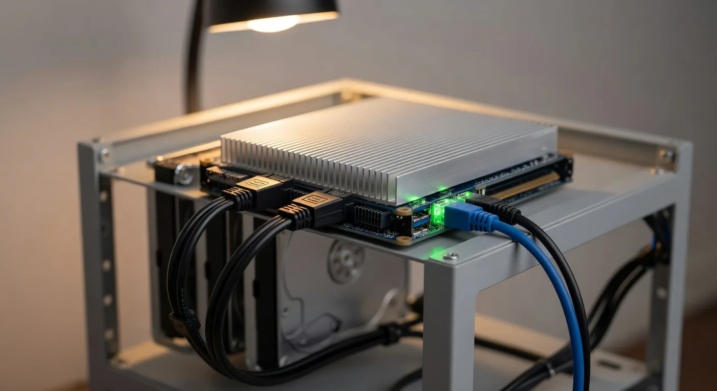 A ZimaBoard 2 mounted in an open home lab rack with NVMe and SATA drives attached, blinking LEDs and Ethernet cables in the background
